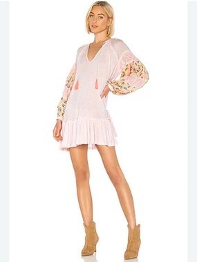 Free People Mix It Up Dress Pink Puff Sleeve V Neck Tassel Boho Small